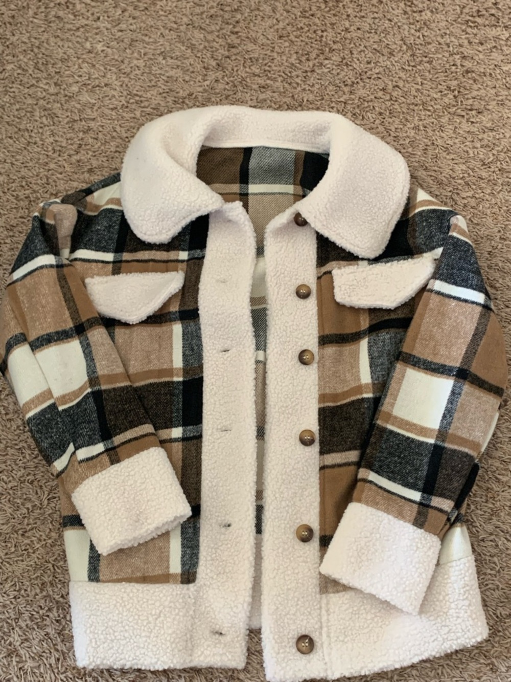 SHEIN Brown Black White Plaid Sherpa-Trim Jacket